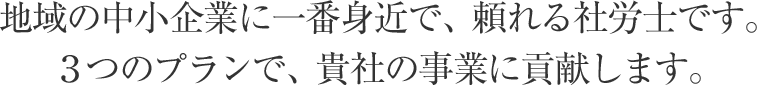 地域の中小企業に一番身近で頼れる社労士です。3つのプランで貴社の事業に貢献します